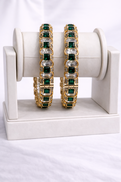 Emerald Green & Clear Stone Gold-Plated Bangle Set(Set of 2)