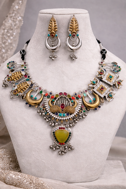 Oxidized Silver Peacock Motif Navratna Necklace Set-G353800