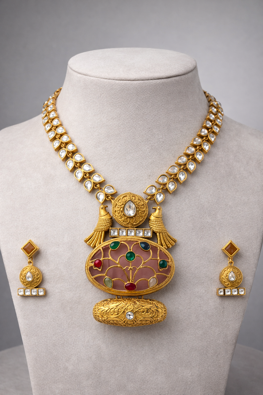 Fusion Kundan Polki Necklace Set Pink-G351800