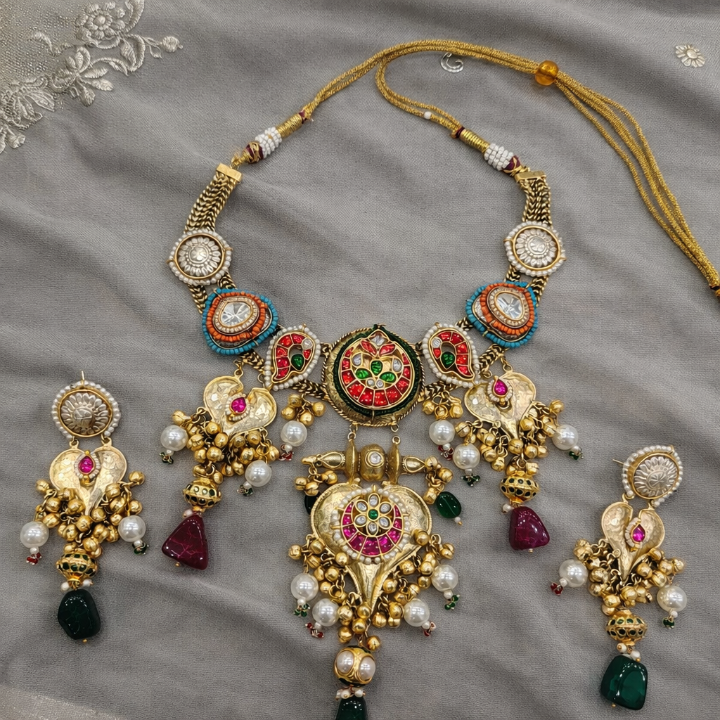 Fusion Jadau Kundan & Gold-Plated Necklace Set-G357300