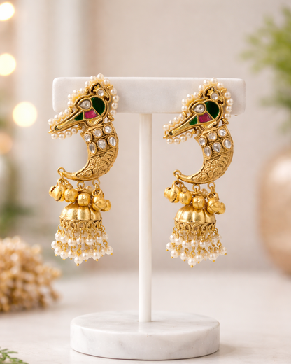 Fusion Kundan & Pearl Peacock Jhumka Earrings-G351000