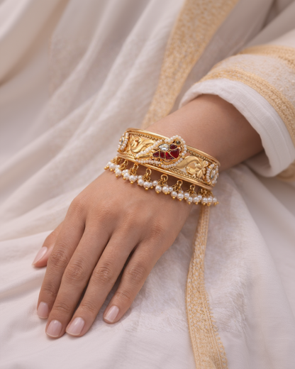 Aarvi Pearl & Gold Fusion Kada Bracelet