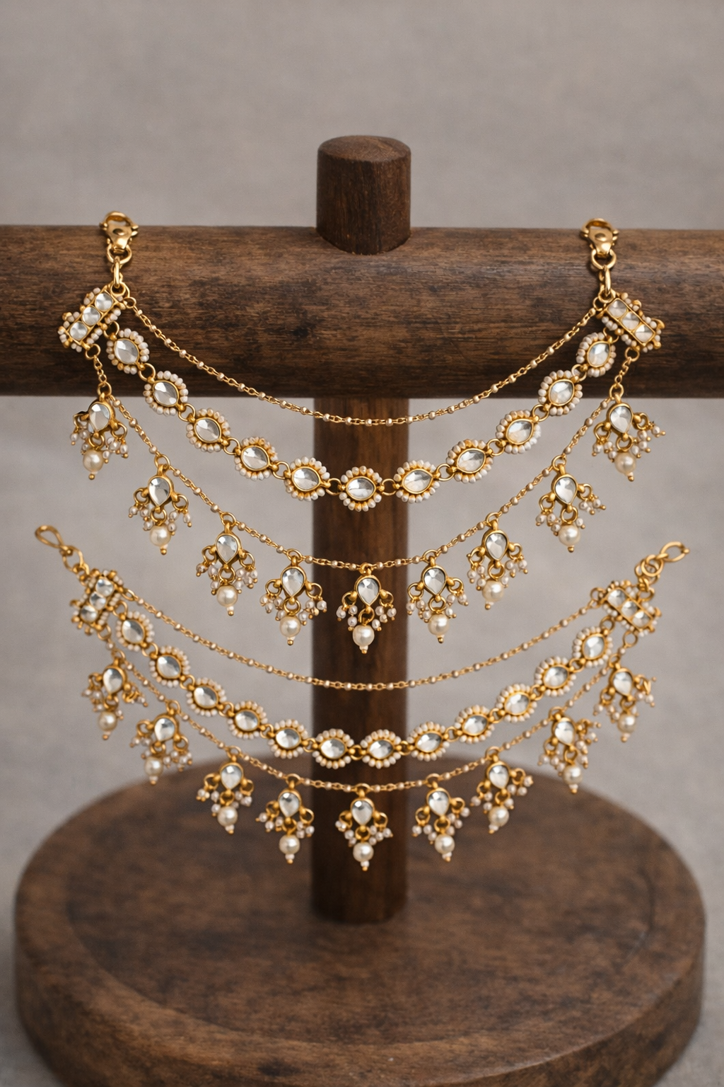 Gold-Toned Kundan & Pearl Ear Chains(Set of 2)