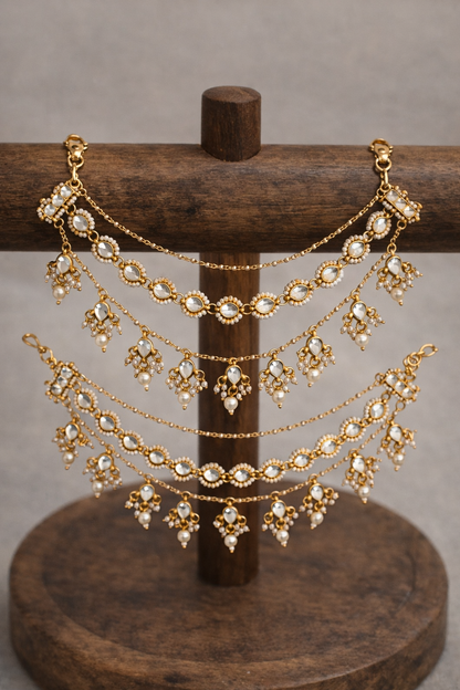 Gold-Toned Kundan & Pearl Ear Chains(Set of 2)