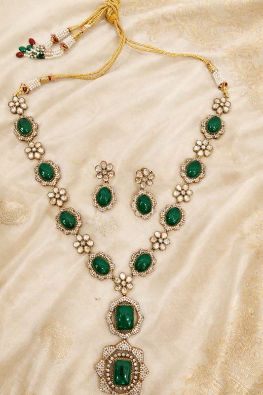 Emerald & Kundan Polki Gold Finish Necklace Set