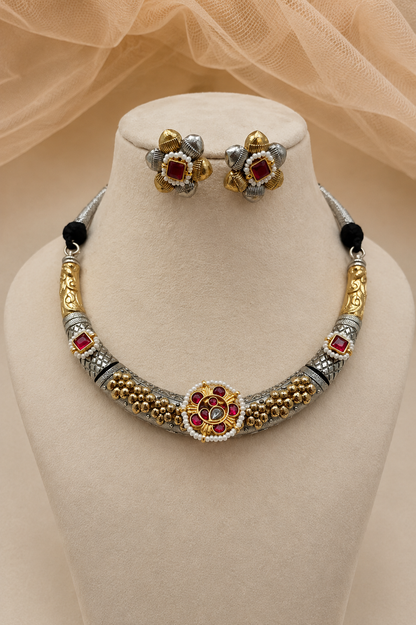 Oxidised Silver Dual-Tone Haasil Necklace Set-G351700