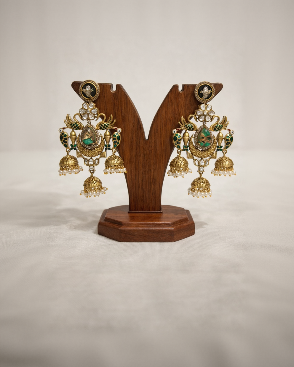 Exquisite Gold-Tone Peacock Jhumka Earrings with Polki and Green Enam-G351700