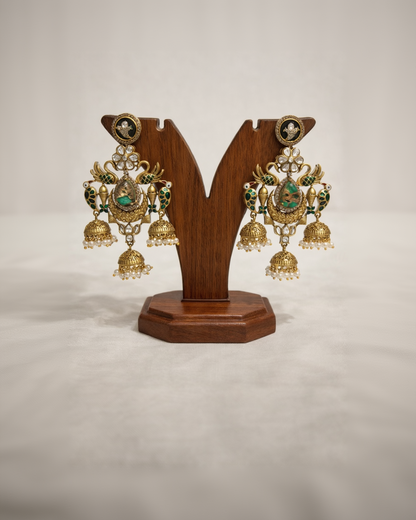 Exquisite Gold-Tone Peacock Jhumka Earrings with Polki and Green Enam-G351700