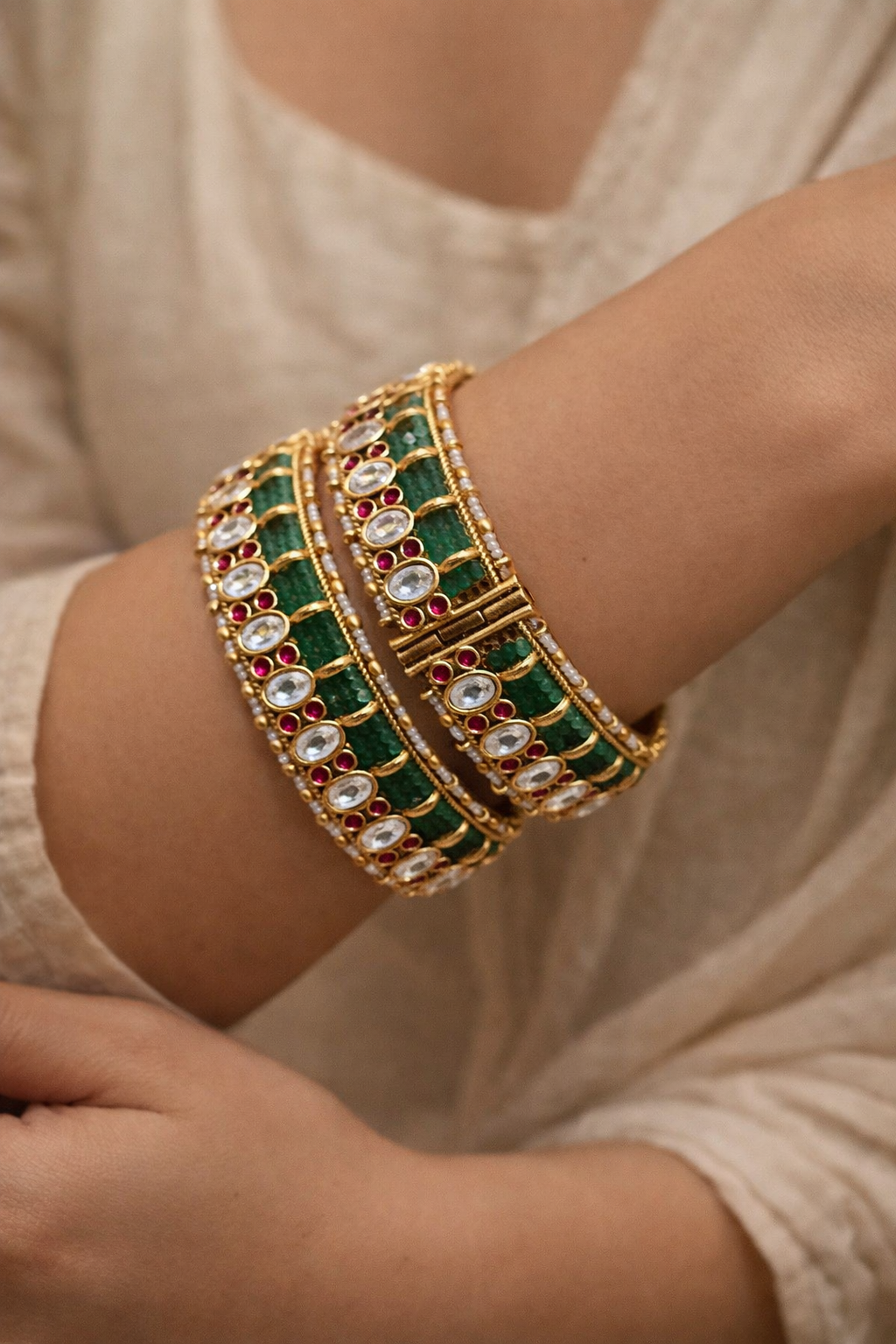 Pachi Kundan Jadau Heritage Bangles(Set of 2)