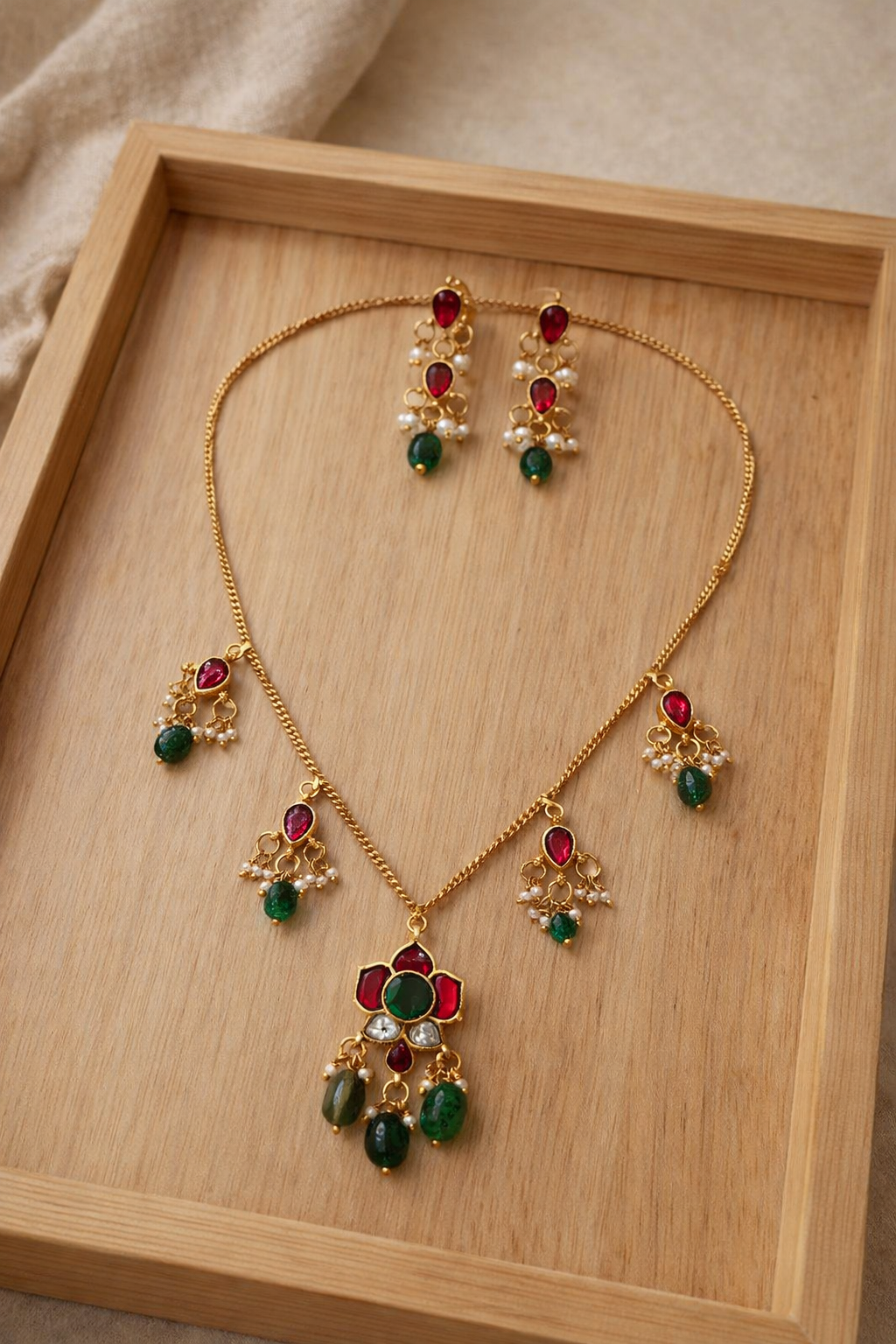 Elegant Multistone Pearl Drop Invisible Chain Set