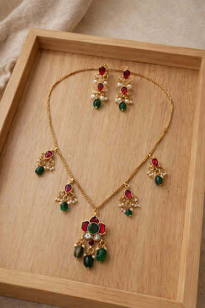 Elegant Multistone Pearl Drop Invisible Chain Set