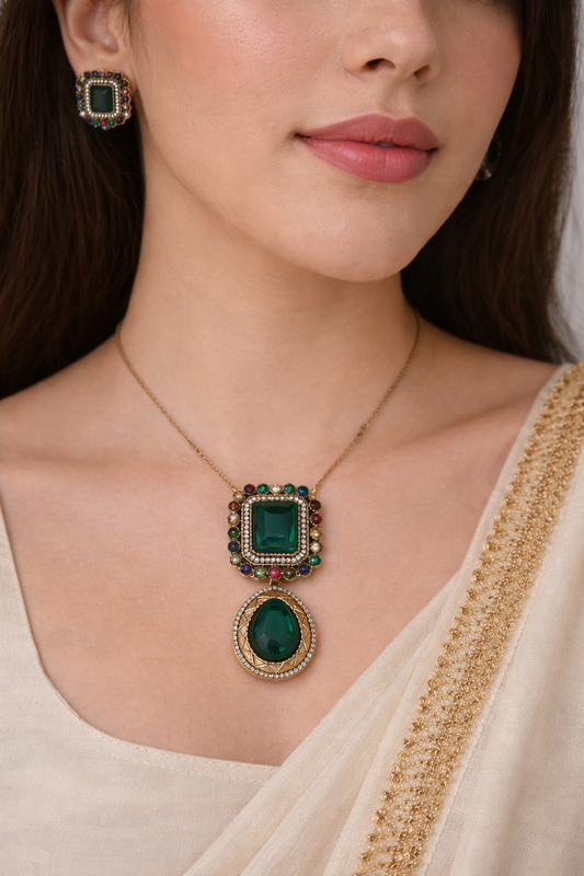 Emerald Green & Multi-Color Beaded Victorian Pendant Set