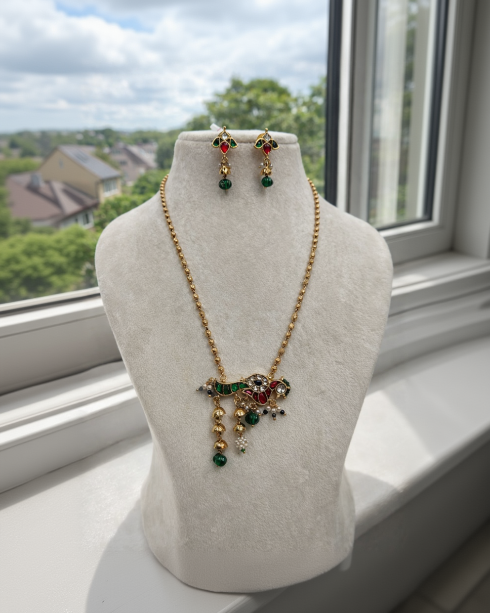 Peacock Navratna Pendant Set-G351700