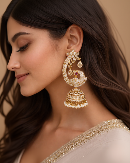 Peacock Jhumka Style Mossaintite Earcuff with Errings-G353800