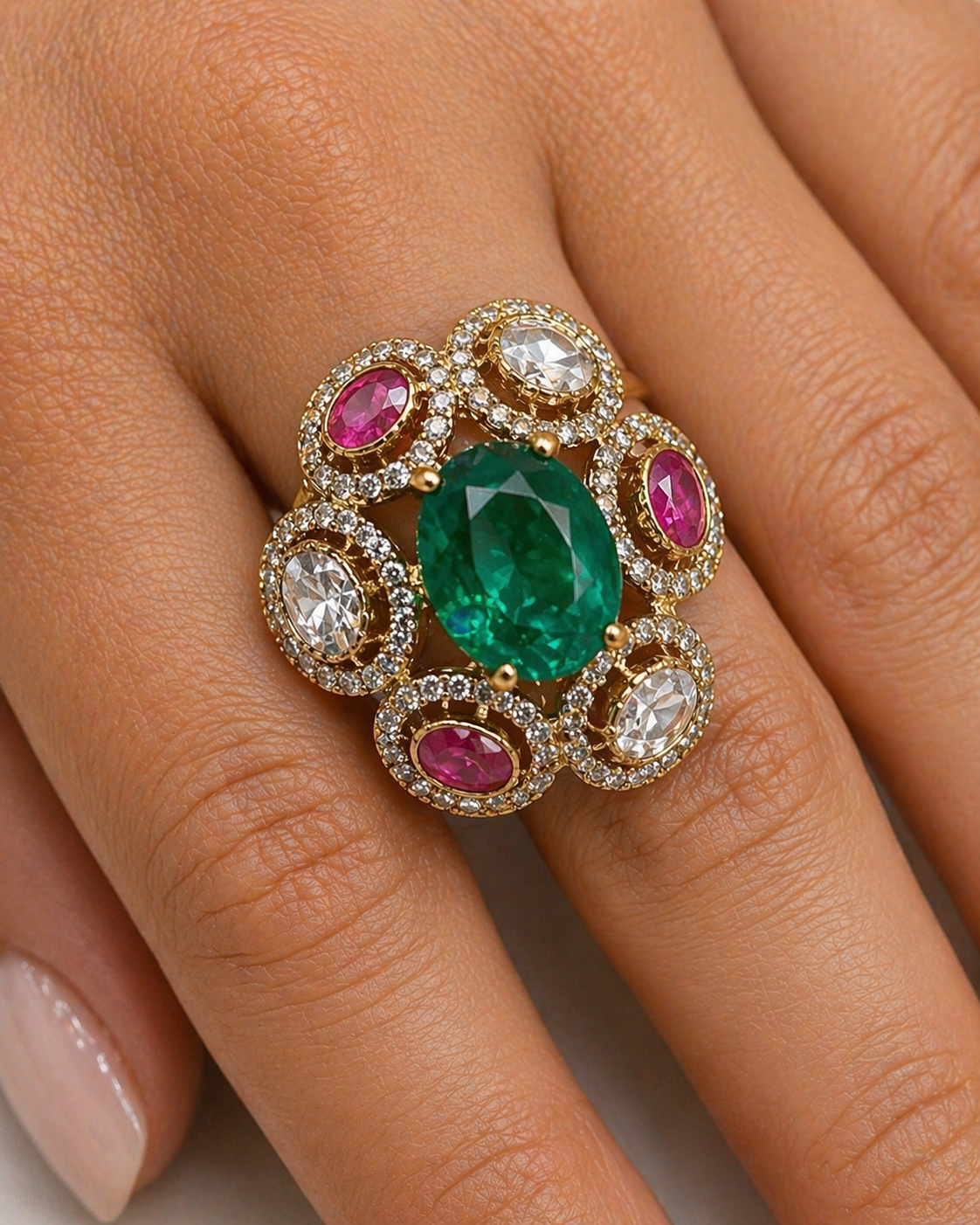 Emerald & Ruby Floral Radiance Finger Ring-G351200