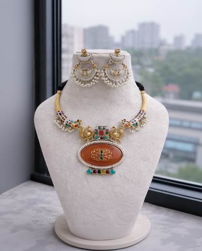Antique Gold Plated Peacock Motif Dori Necklace Set-G352500