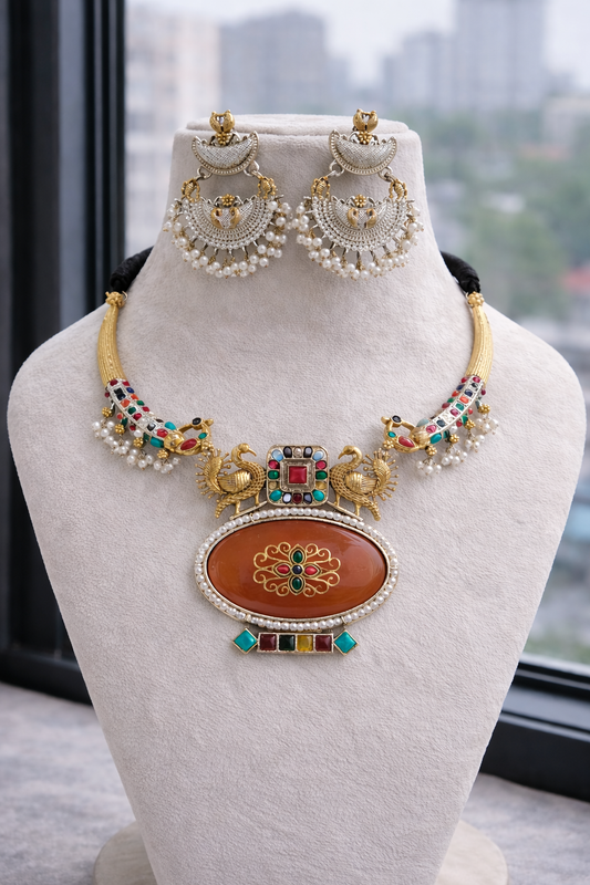 Antique Gold Plated Peacock Motif Dori Necklace Set-G352500