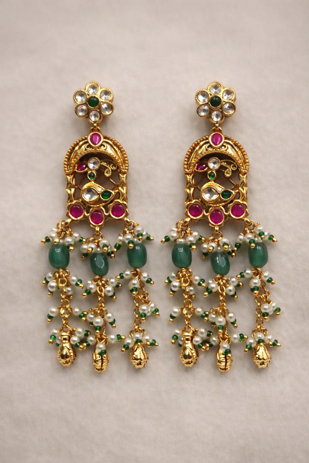 Exquisite Pachi Kundan Pearl & Green Bead Bridal Necklace Set with Earrings