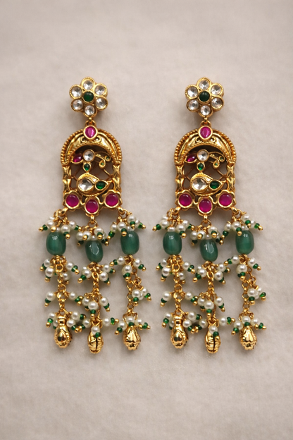 Exquisite Pachi Kundan Pearl & Green Bead Bridal Necklace Set with Earrings