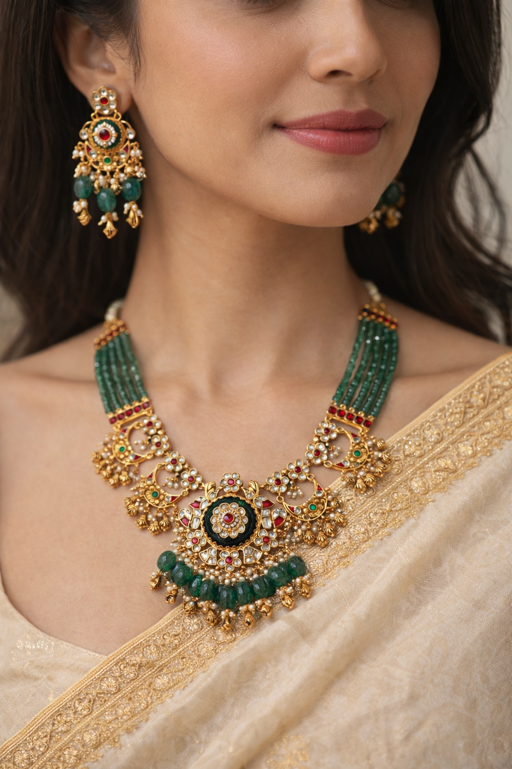 Green Kundan & Pearl Gold Plated Bridal Necklace Set