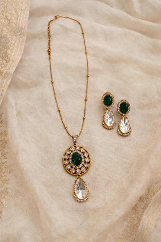 Jyothika Emerald & Crystal Pendant Set