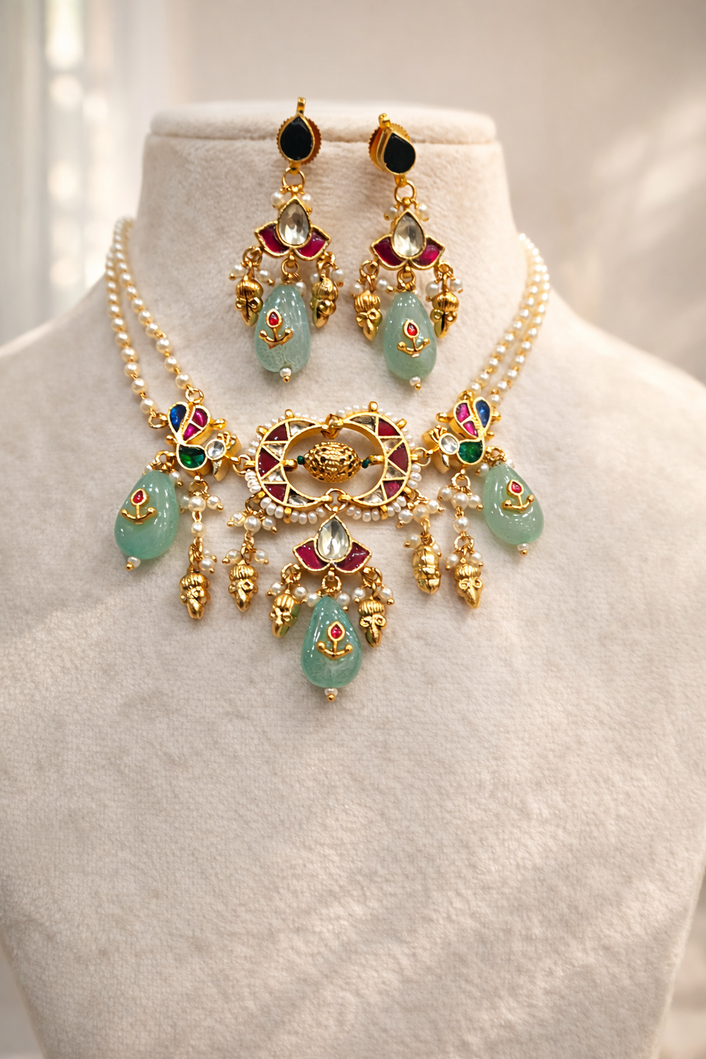 Elegant Gold-Plated Kundan Style Choker Set with Jade Drops & Pearls