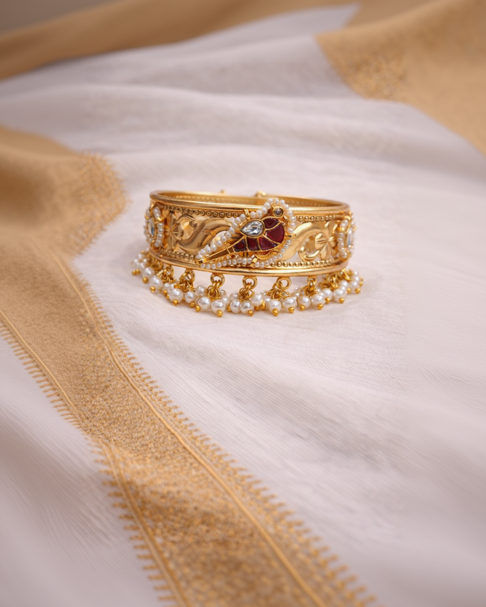 Aarvi Pearl & Gold Fusion Kada Bracelet