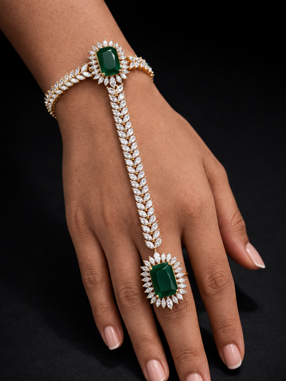 Emerald & Diamond Look Hand Harness Bracelet Ring-G352800