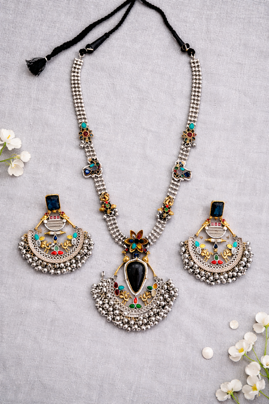 Oxidized Silver Navratri special Blue Stone Necklace Set-G353800