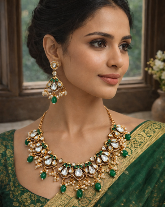 Kundan & Pearl Traditional Indian Necklace Set-G353600