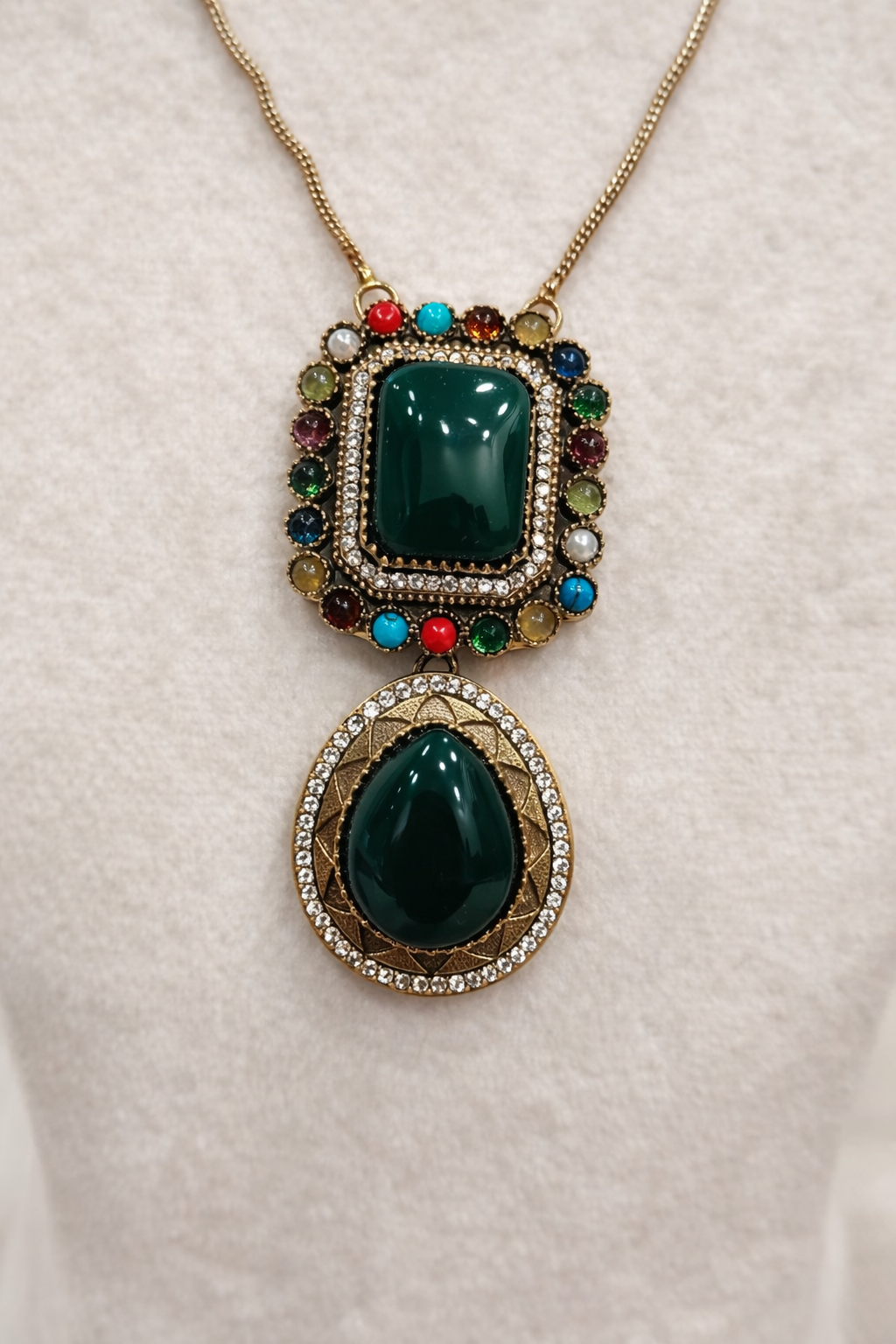 Emerald Green & Multi-Color Beaded Victorian Pendant Set