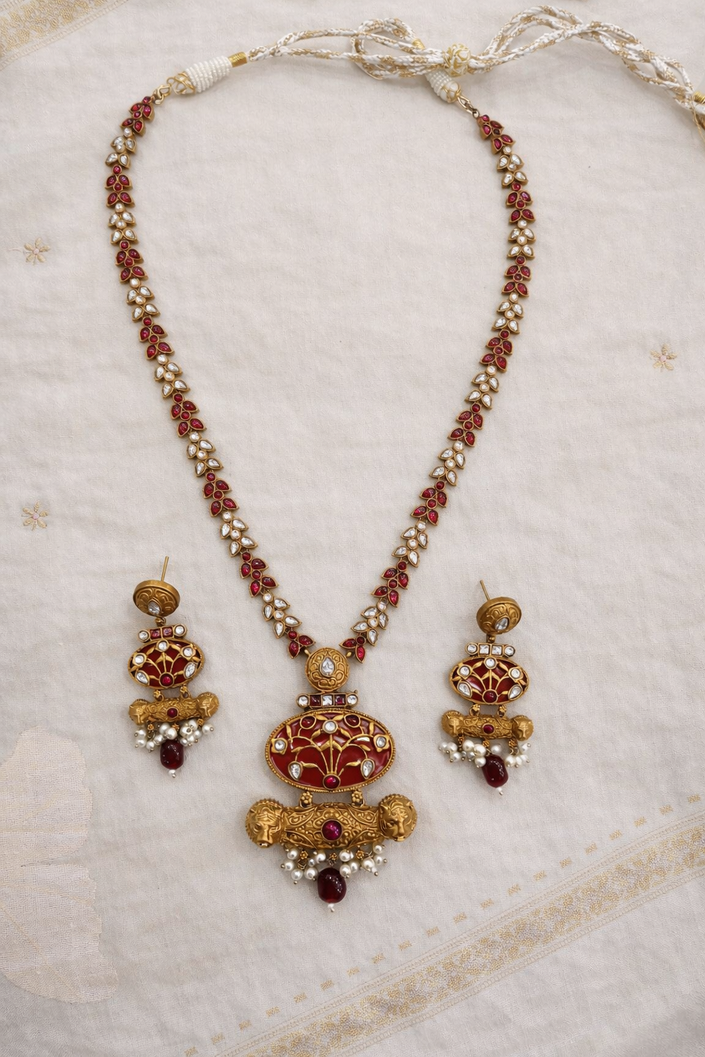 Fusion Victorian-Plated Kundan & Ruby Red Necklace Set-G352800