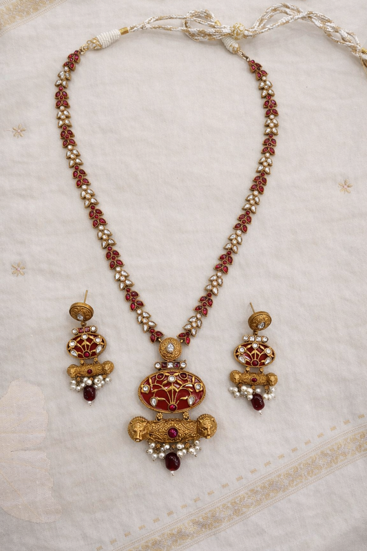 Fusion Victorian-Plated Kundan & Ruby Red Necklace Set-G352800