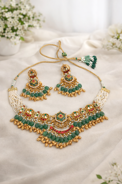 Emerald Green Kundan Choker Necklace Earrings Set:
