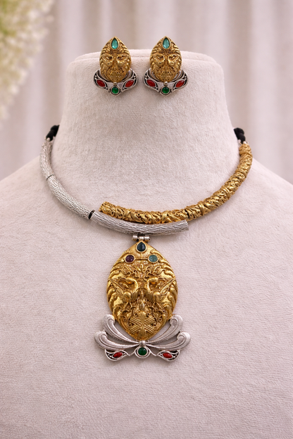 Oxidised Silver Dual-Tone Antique Temple Jewellery Set-G351300