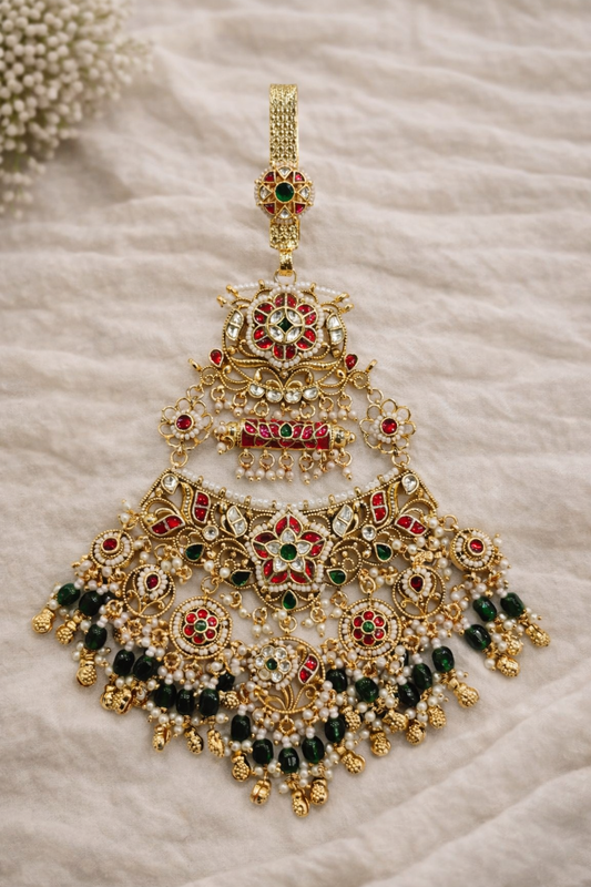 Gold-Plated Heritage Jadau Kundan Passa/Jhoomar/Juda-G357700