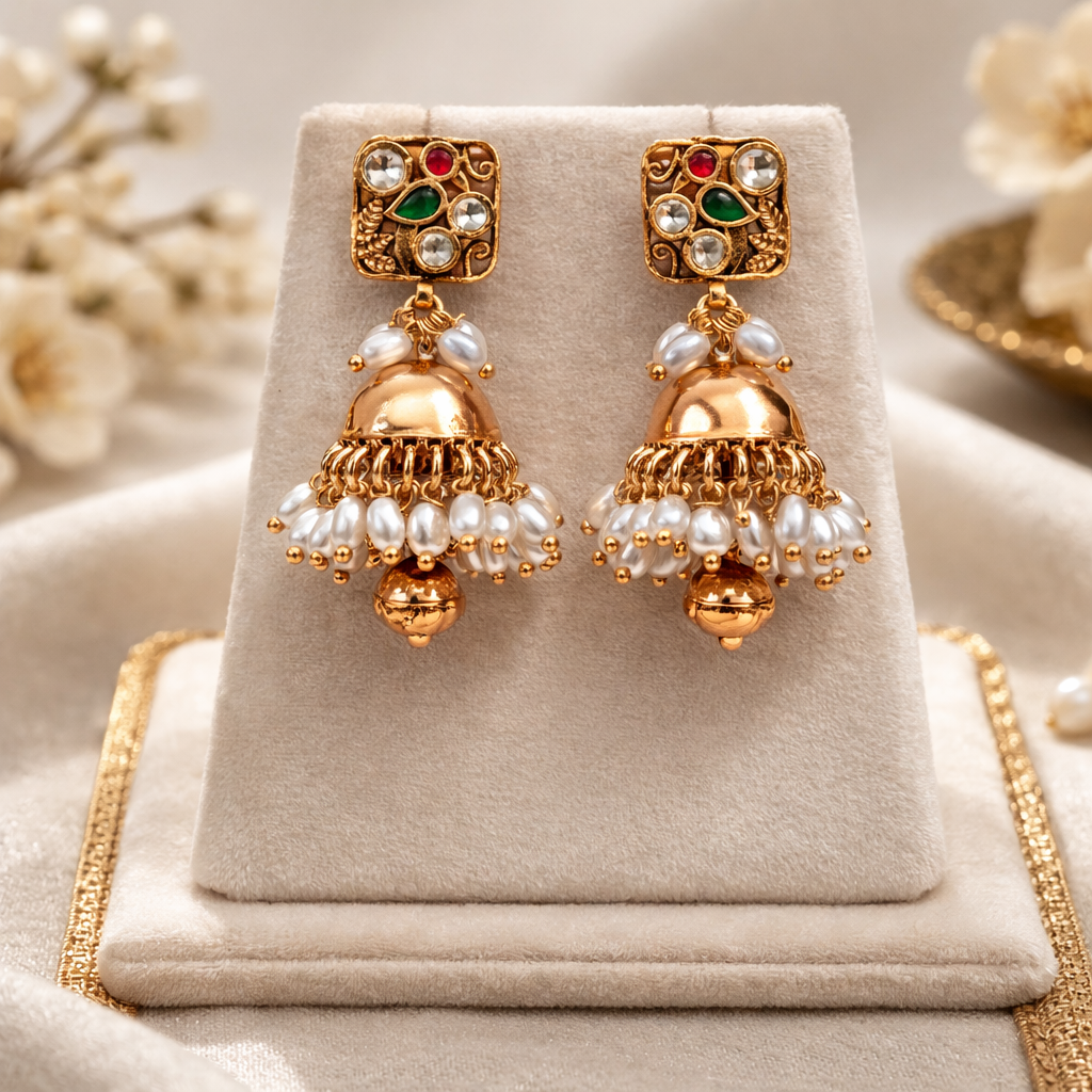 Classic Jadau Kundan Polki Necklace Set with Pearls & Green Onyx