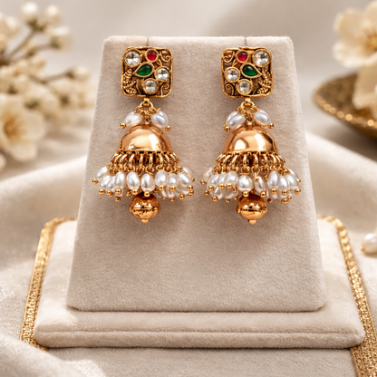 Classic Jadau Kundan Polki Necklace Set with Pearls & Green Onyx