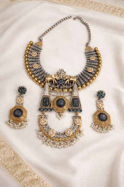 Dual-Tone Oxidized Silver & Gold Plated Statement Choker Set-G353800