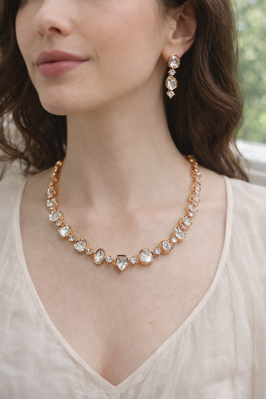 Rose Gold Polki Kundan Necklace Set-G352100