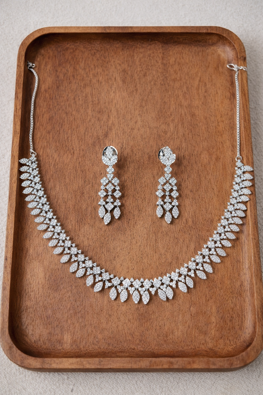 American Diamond Leaf Motif Necklace Set