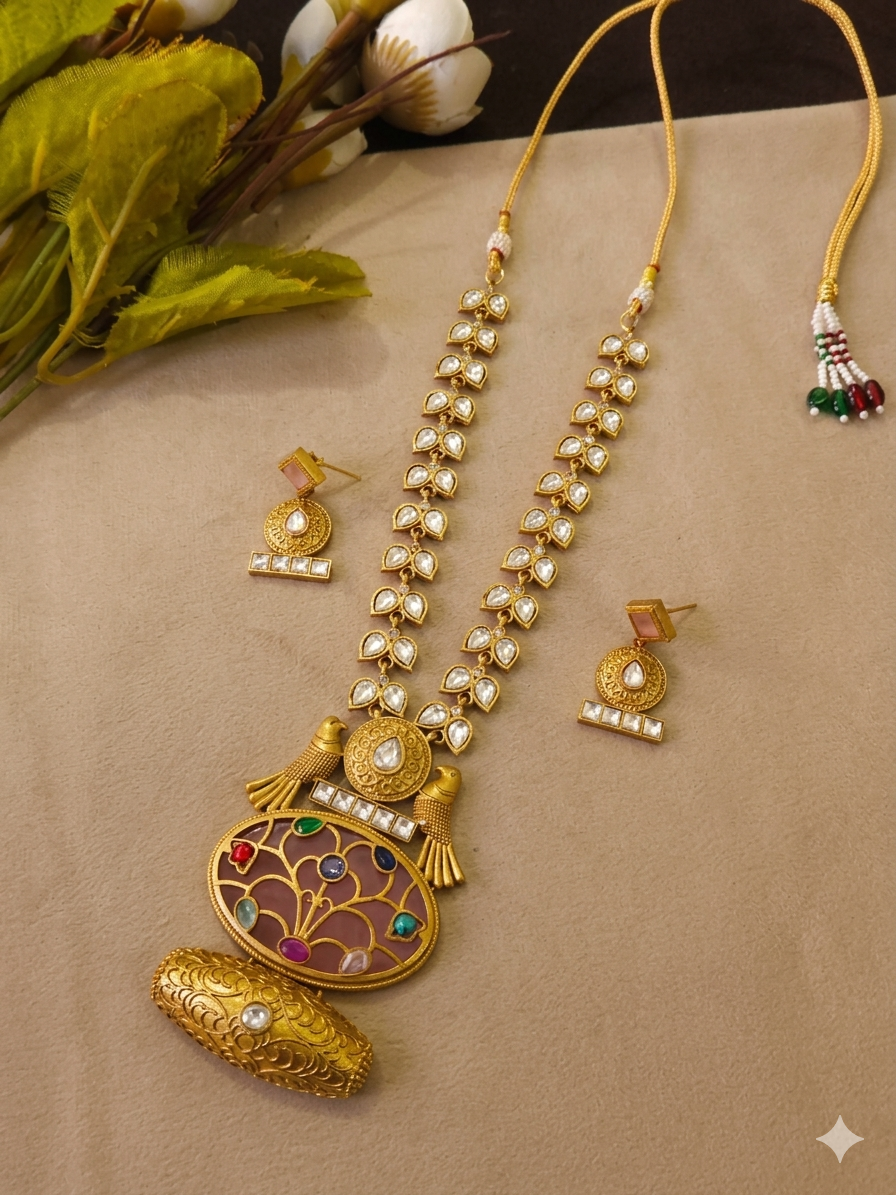 Fusion Kundan Polki Necklace Set Pink-G351800