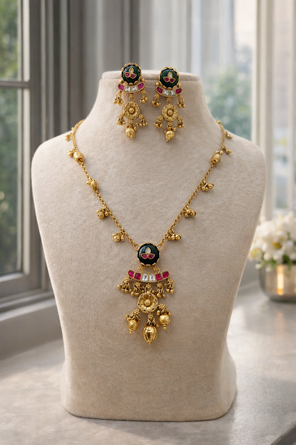 Gold-Plated Jadav Green Onyx Pendent Set