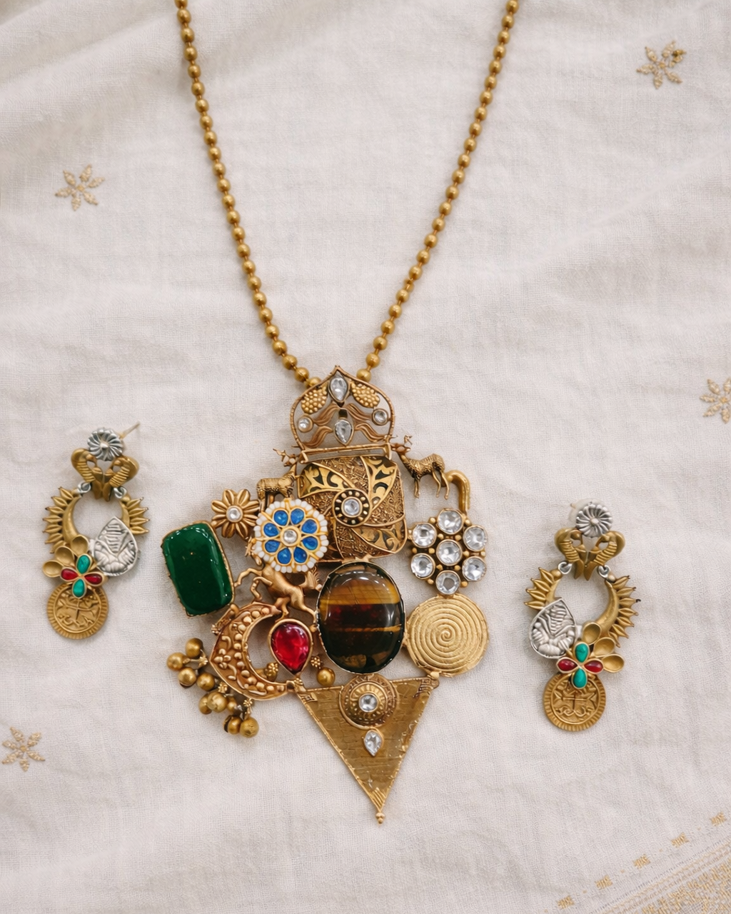 Vintage-Inspired Multi-Stone Necklace and Earring Set-G353800