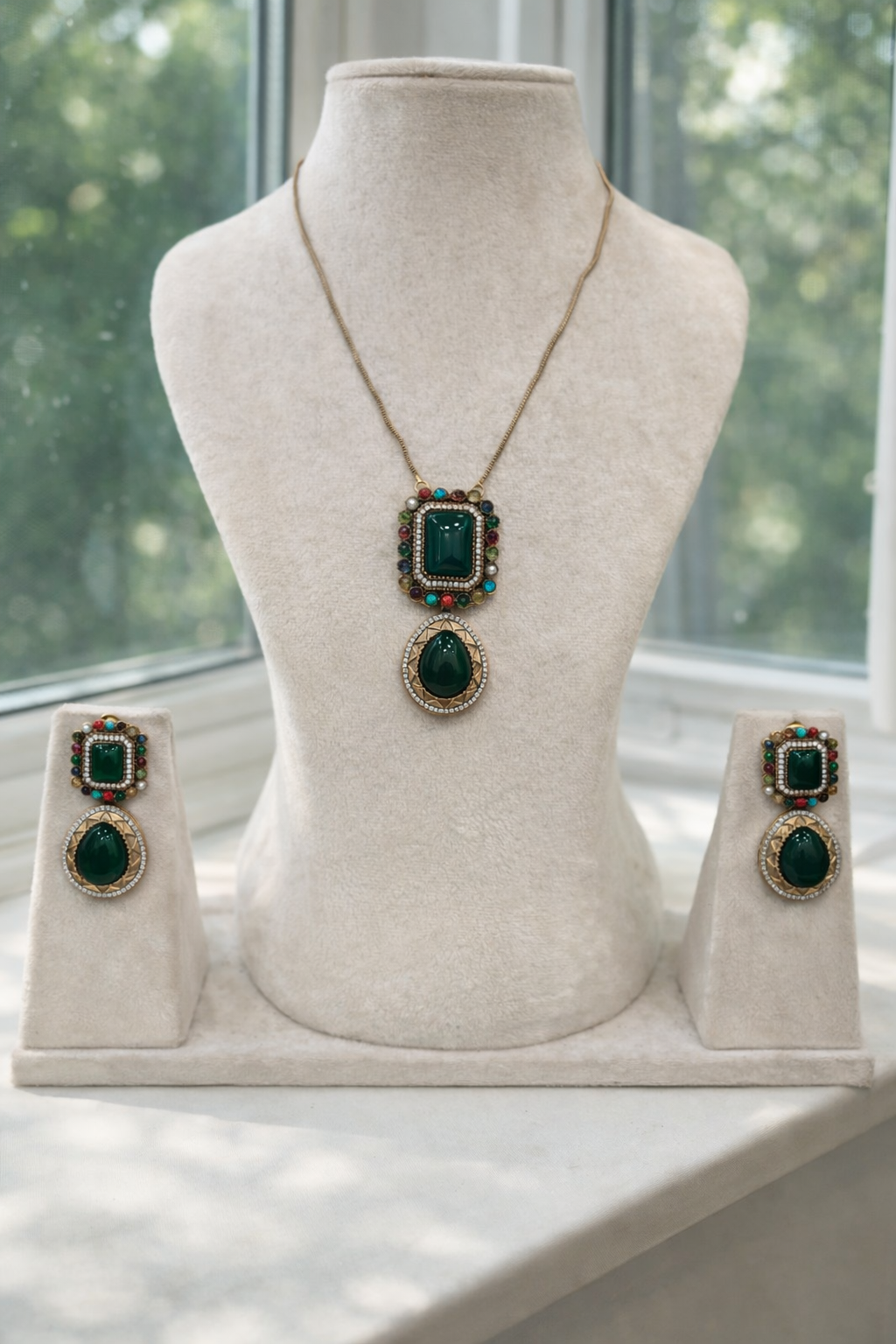 Emerald Green & Multi-Color Beaded Victorian Pendant Set