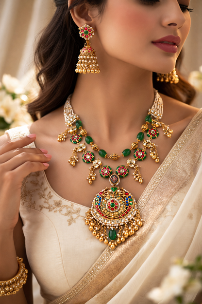 Two Line Broad Pendant Pachhi Kundan Necklace