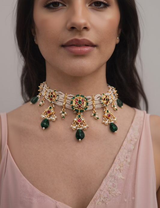 Green/Maroon & Ivory Kundan Polki Choker Necklace-G353300