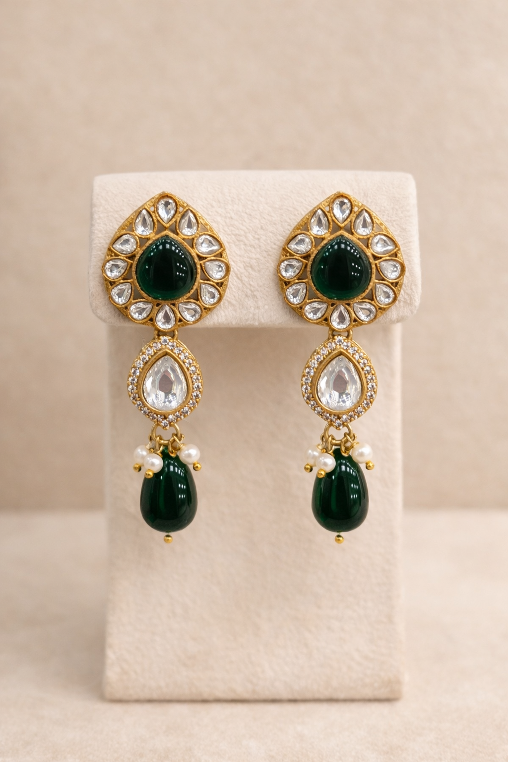 Kundan Polki Onyx Beads Gold Tone Long Pendant Necklace set