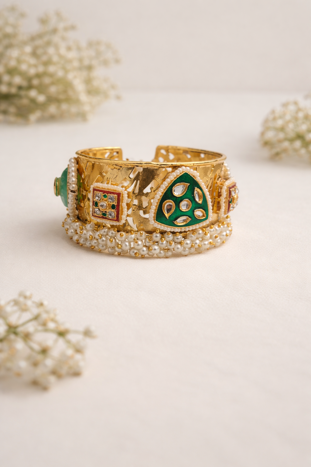 Pearl Kundan Fusion Kada Bracelet