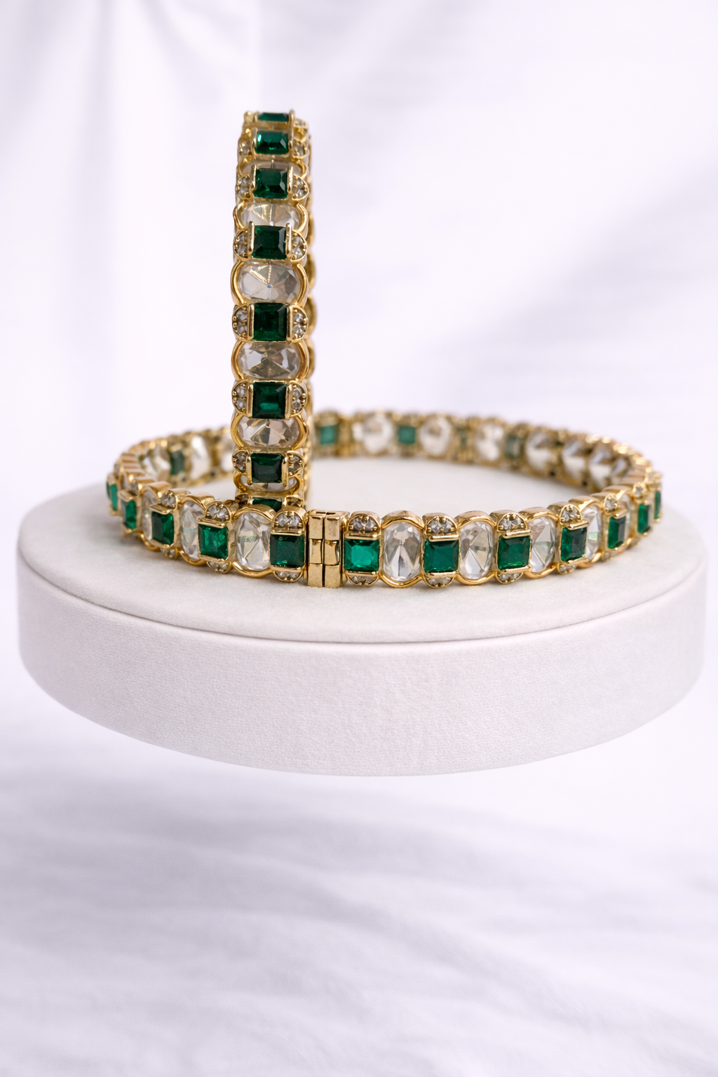 Emerald Green & Clear Stone Gold-Plated Bangle Set(Set of 2)